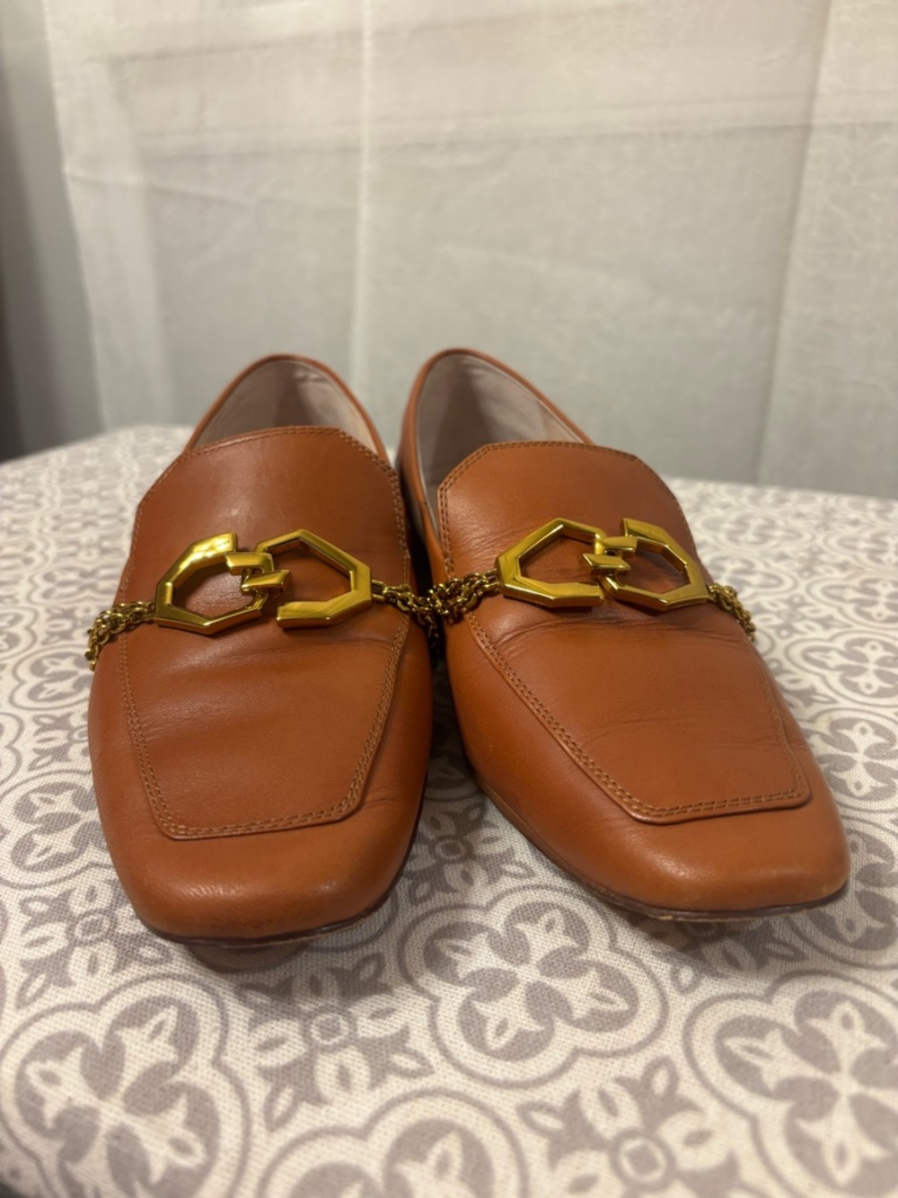 Louise et Cie Tan Leather Loafers with Gold Chain Accent